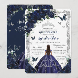 Quinceañera Navy Blue Floral Silver Princess  Inbjudningar