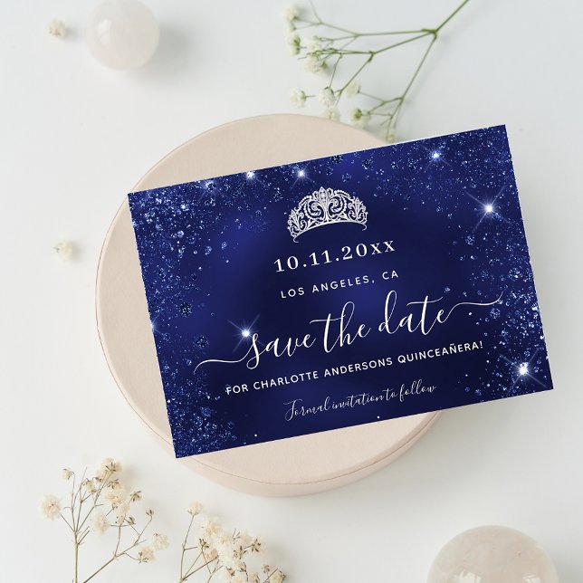 Quinceanera navy blue glitter sparar datumet meddelande vykort (Skapare uppladdad)