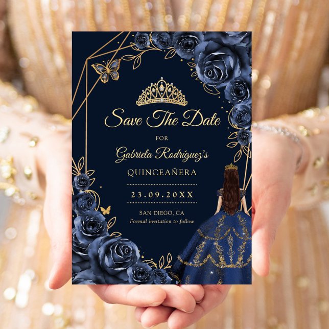 Quinceanera Navy Blue Gold Butterfly Dress Floral Spara Datumet (Skapare uppladdad)