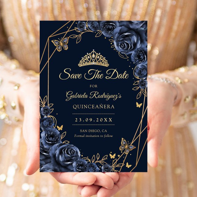 Quinceanera Navy Blue Gold Floral Butterfly Spara Datumet (Skapare uppladdad)