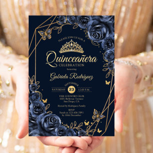 Quinceanera Navy Blue Guld Blommigt Butterfly Inbjudningar
