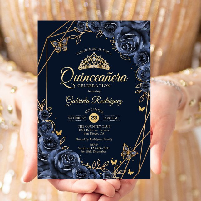 Quinceanera Navy Blue Guld Blommigt Butterfly Inbjudningar (Skapare uppladdad)