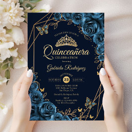 Quinceanera Navy Blue Guld Blommigt Inbjudningar