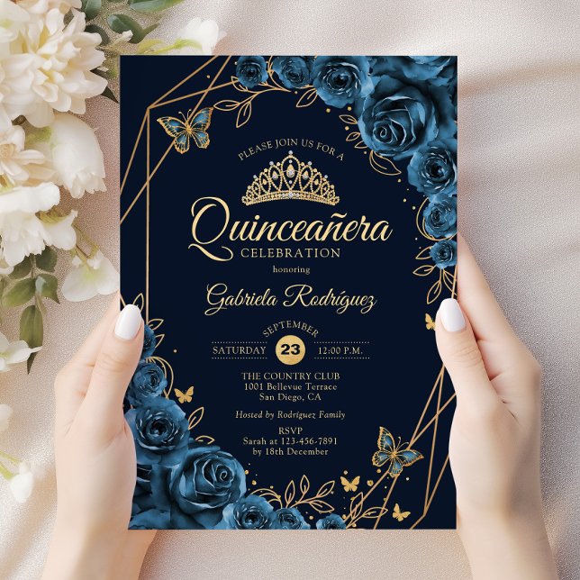 Quinceanera Navy Blue Guld Blommigt Inbjudningar (Skapare uppladdad)