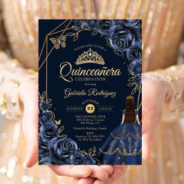 Quinceanera Navy Blue Guld Butterfly Dress Blommig Inbjudningar