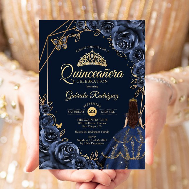 Quinceanera Navy Blue Guld Butterfly Dress Blommig Inbjudningar (Skapare uppladdad)