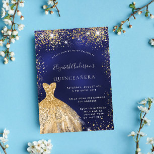 Quinceanera navy blue guld dress lyxury inbjudningar