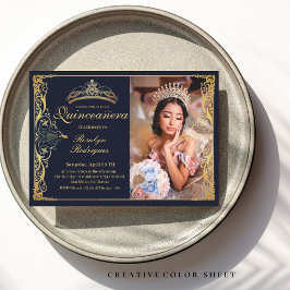 Quinceanera Navy Blue Guld Quinceanera med foto Inbjudningar