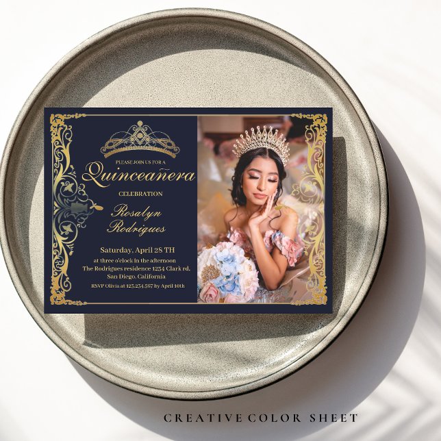 Quinceanera Navy Blue Guld Quinceanera med foto Inbjudningar (Skapare uppladdad)