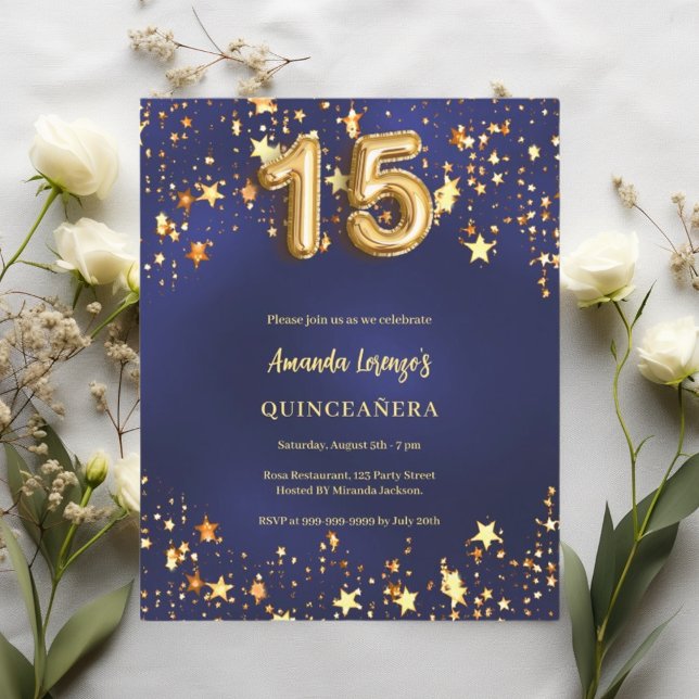 Quinceanera Navy Blue guld stars inbjudan (Skapare uppladdad)