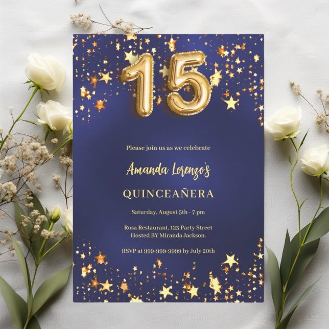 Quinceanera navy blue guld stjärtar inbjudningar (Skapare uppladdad)