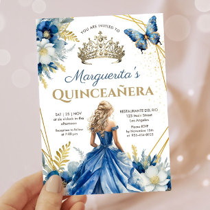 Quinceañera Navy Blue Guld Tiara Blommigt Butterfl Inbjudningar