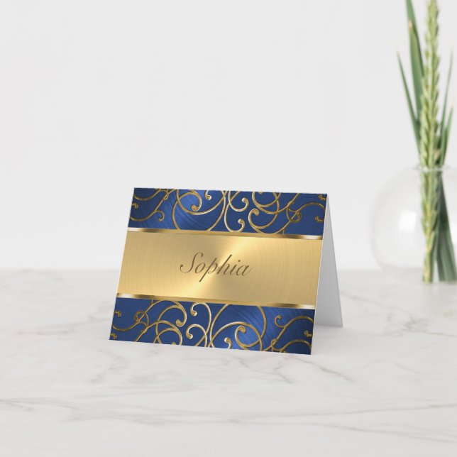 Quinceanera Navy Blue och Guld Filigree Swirls Anteckningskort (Framsida)