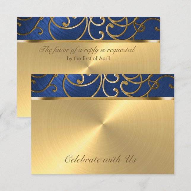 Quinceanera Navy Blue och Guld Filigree Swirls Inbjudningar (Fram/baksida)