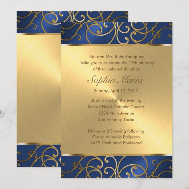 Quinceanera Navy Blue och Guld Filigree Swirls Inbjudningar (Fram/baksida)