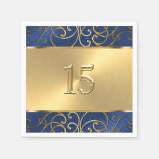 Quinceanera Navy Blue och Guld Filigree Swirls Pappersservett
