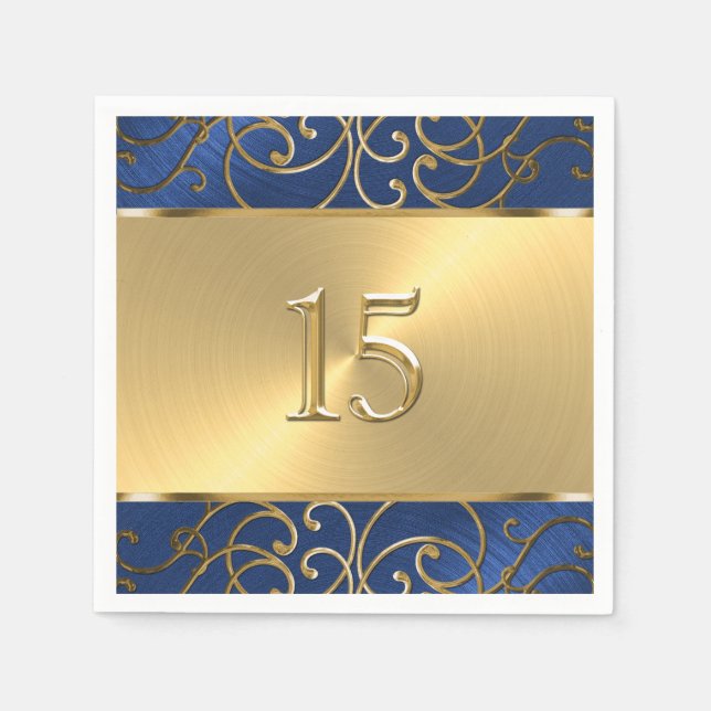 Quinceanera Navy Blue och Guld Filigree Swirls Pappersservett (Framsidan)