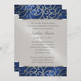 Quinceanera Navy Blue och Silver Filigree Swirls Inbjudningar