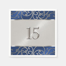 Quinceanera Navy Blue och Silver Filigree Swirls Pappersservett