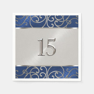 Quinceanera Navy Blue och Silver Filigree Swirls Pappersservett