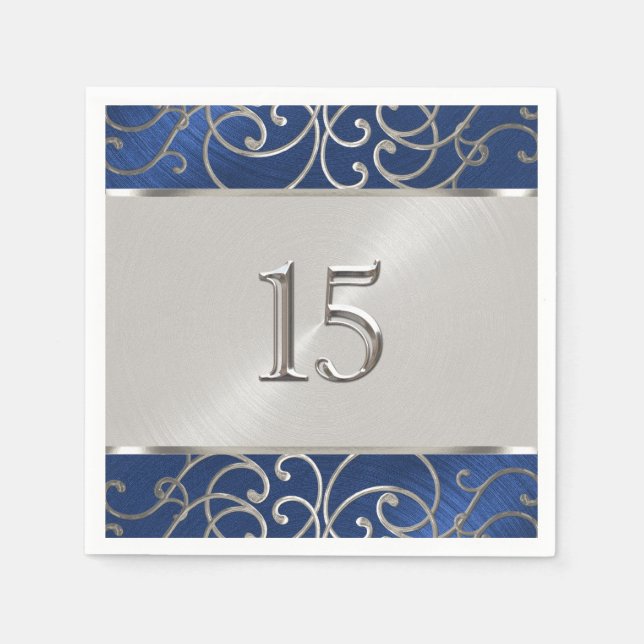 Quinceanera Navy Blue och Silver Filigree Swirls Pappersservett (Framsidan)