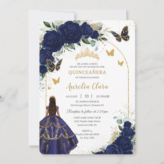 Quinceañera Navy Blue Ro Blommigt Princess Guld Inbjudningar (Framsida)