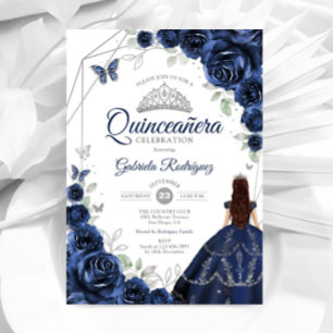 Quinceanera Navy Blue Silver Blommigt Dress Inbjudningar