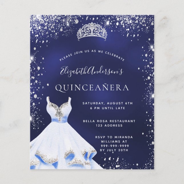 Quinceanera navy blue silver dress tiara budget flygblad (Framsidan)