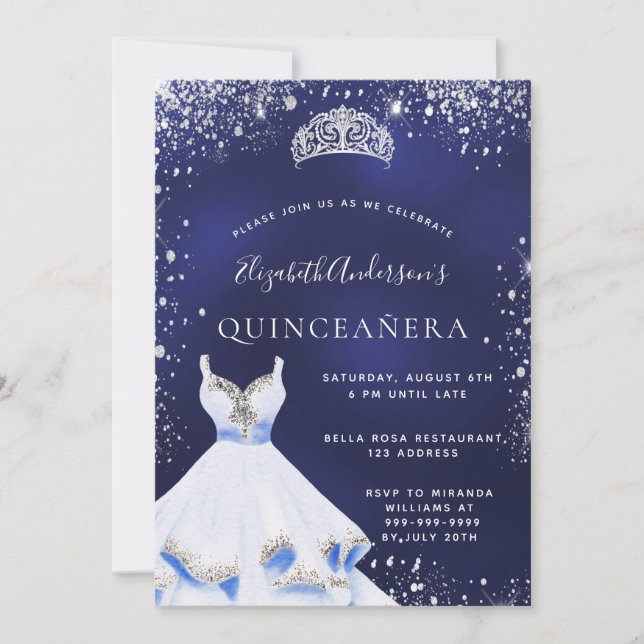 Quinceanera navy blue silver glitter dress tiara inbjudningar (Framsida)