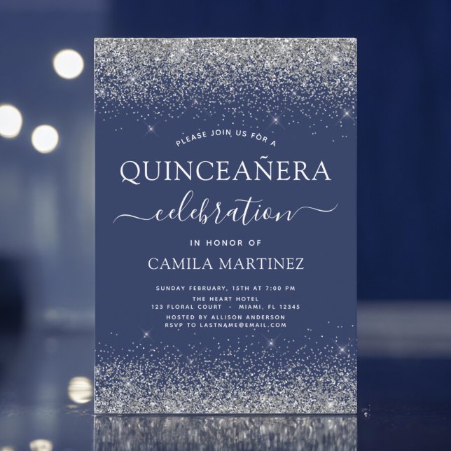 Quinceanera Navy Blue Silver Modern Glitter Inbjudningar (Skapare uppladdad)