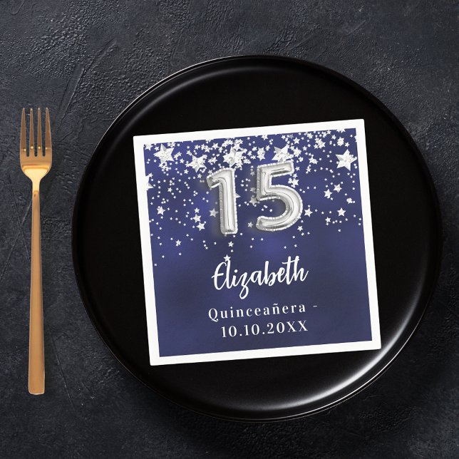Quinceanera navy blue silver stjärtar pappersservett (Skapare uppladdad)