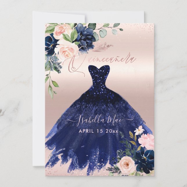 Quinceanera  Navy Blue Watercolor Flowers Inbjudningar (Framsida)