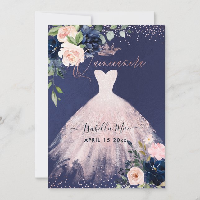 Quinceanera  Navy Blue Watercolor Flowers Inv Inbjudningar (Framsida)