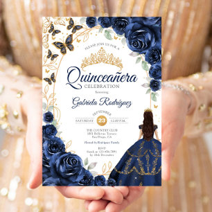 Quinceanera Navy Gold Blommig Inbjudningar
