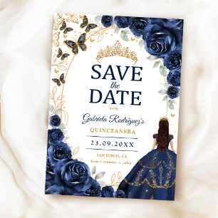 Quinceanera Navy Gold Blommig Spara Datumet