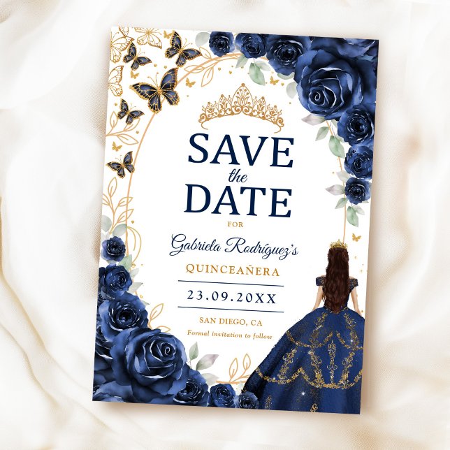 Quinceanera Navy Gold Blommig Spara Datumet (Skapare uppladdad)