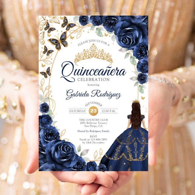Quinceanera Navy Gold Floral Inbjudningar (Skapare uppladdad)
