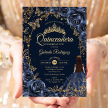 Quinceanera Navy Guld Fjärilar Rosor