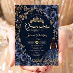 Quinceanera Navy Guld Fjärilar Rosor Inbjudningar