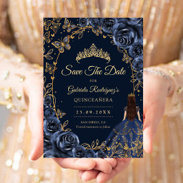 Quinceanera Navy Guld Fjärilar Rosor Spara Datumet