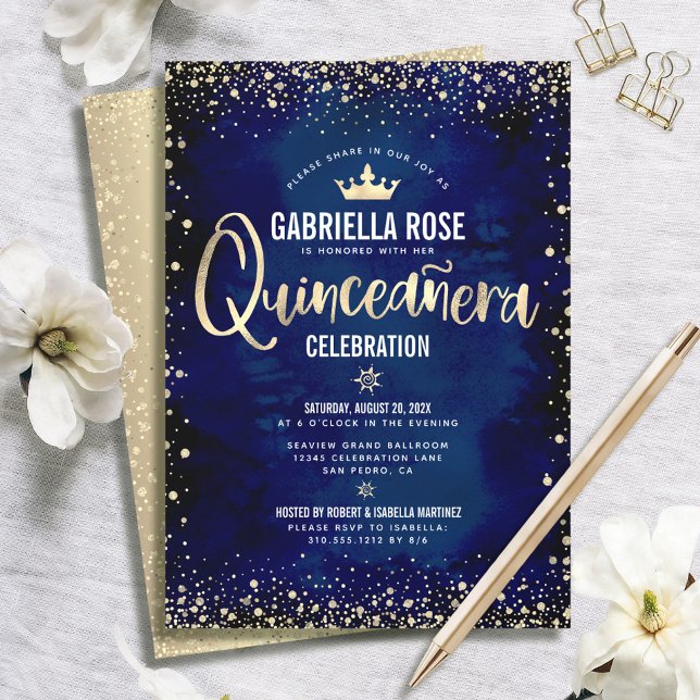 Quinceañera Navy Guld Glitter Foil Princess Krona Inbjudningar (Skapare uppladdad)