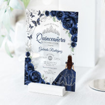 Quinceanera Navy Silver Blommig