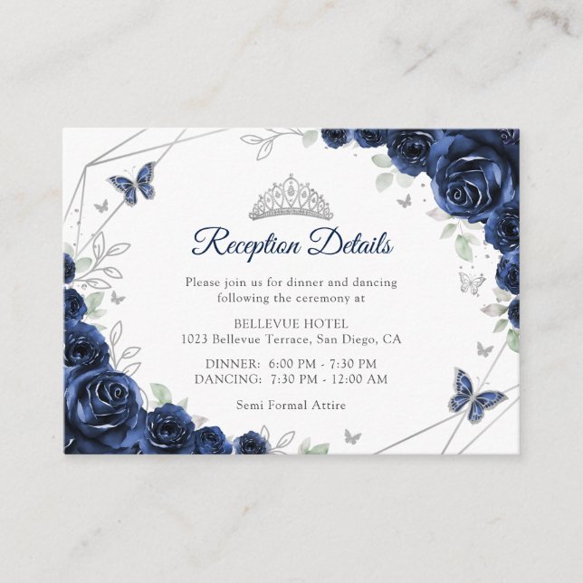 Quinceanera Navy Silver Blommiga Detaljer Tilläggskort (Framsida)