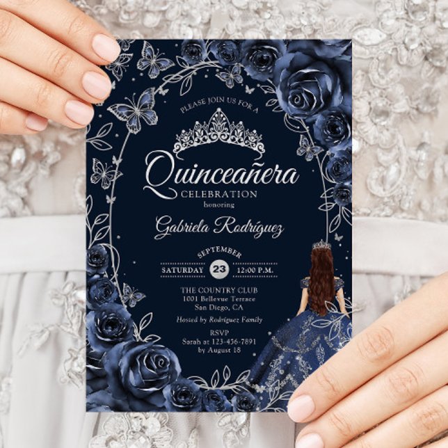 Quinceanera Navy Silver Butterflies Roses Inbjudningar (Skapare uppladdad)