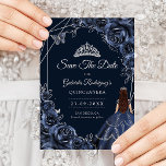 Quinceanera Navy Silver Butterflies Roses Spara Datumet<br><div class="desc">Navy and silver Quinceanera celebration save the date card. Features brunette girl in ball gown dress,  silver butterflies,  watercolor roses tiara and script font. Perfect for an elegant princess style glam celebration. Personalize with your own details. Printed Zazzle cards or instant download digital printable template.</div>