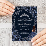 Quinceanera Navy Silver Butterflies Roses Spara Datumet<br><div class="desc">Navy and silver Quinceanera celebration save the date card. Features brunette girl in ball gown dress,  silver butterflies,  watercolor roses tiara and script font. Perfect for an elegant princess style glam celebration. Personalize with your own details. Printed Zazzle cards or instant download digital printable template.</div>