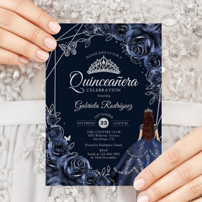 Quinceanera Navy Silver Butterfly Dress Floral Inbjudningar (Skapare uppladdad)
