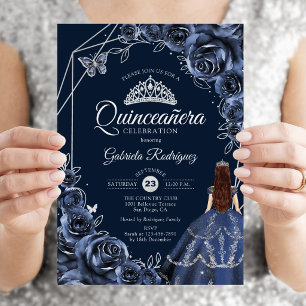 Quinceanera Navy Silver Fjäril Klänning Blommig Inbjudningar
