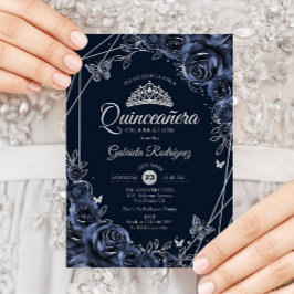 Quinceanera Navy Silver Floral Inbjudningar