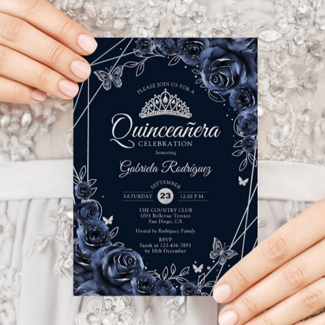 Quinceanera Navy Silver Floral Inbjudningar (Skapare uppladdad)